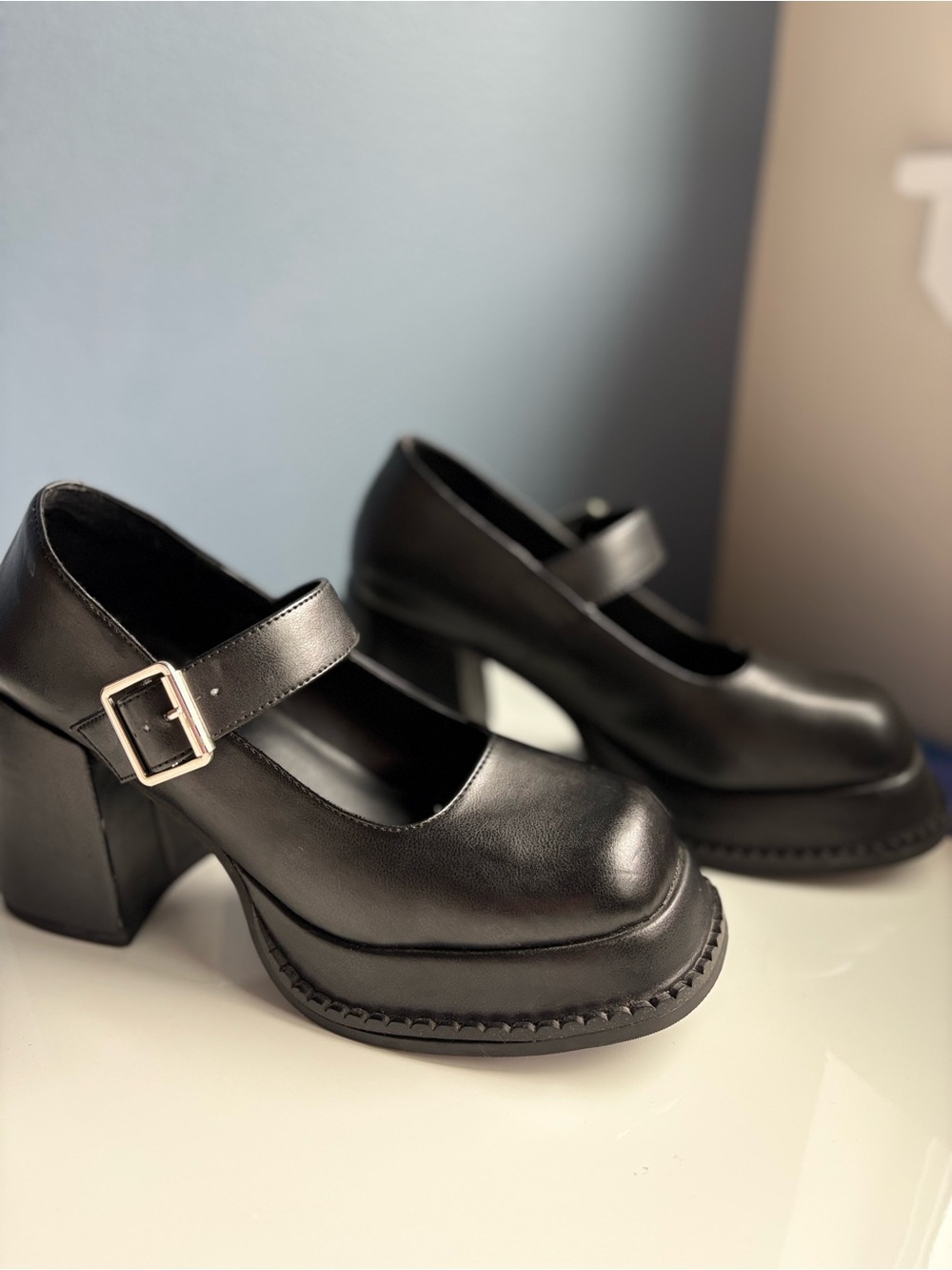 dELiA*s Black Mary Jane Platform Block Heels Silver Tone Buckle